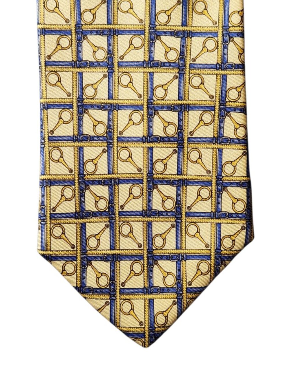 Brooks Brothers Makers Necktie Tie Beige Gold Blue Horsebit Silk Handmade USA